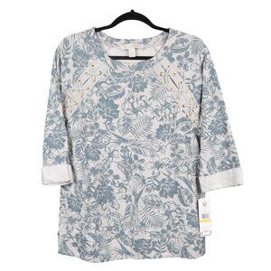 Life Worx Floral Print Top Sweatshirt M Lace Up 3/4 Sleeves Cotton Blue Gray